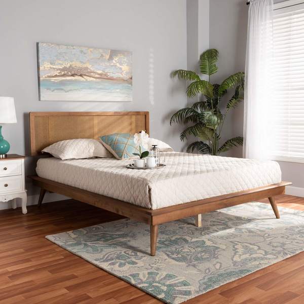 Baxton Studio Nura Mid-Century Modern Walnut Brown Finished Wood and Synthetic Rattan Full Size Platform Bed 190-9819-9801-ZORO